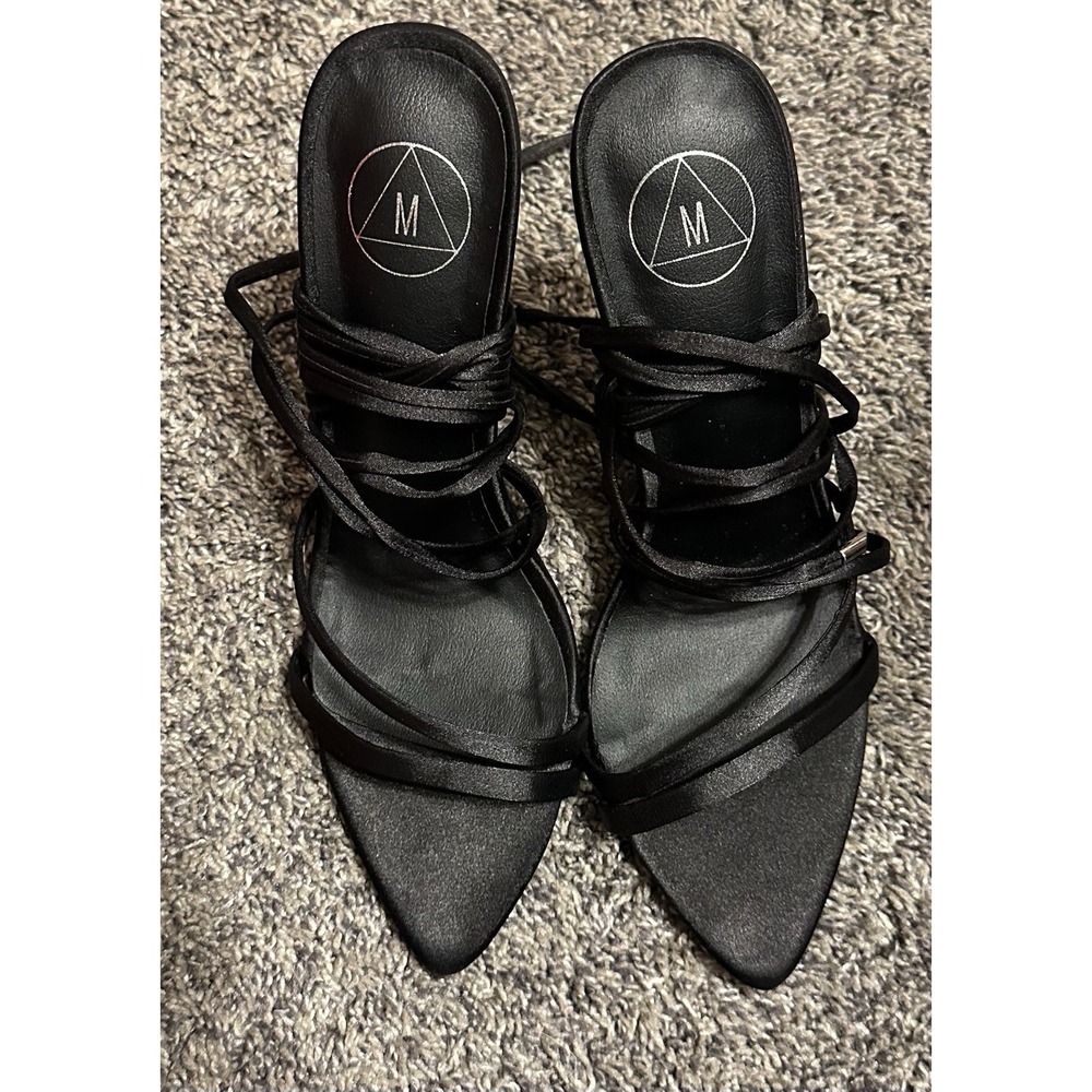 "M" Brand Black Satin 4.5" Stiletto Heel Strappy Gladiator Sandals Size 5
